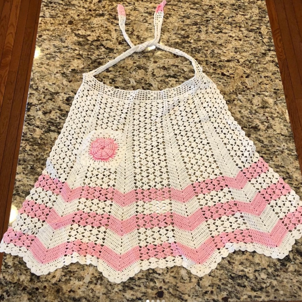 Vintage hand made crochet pink and white apron